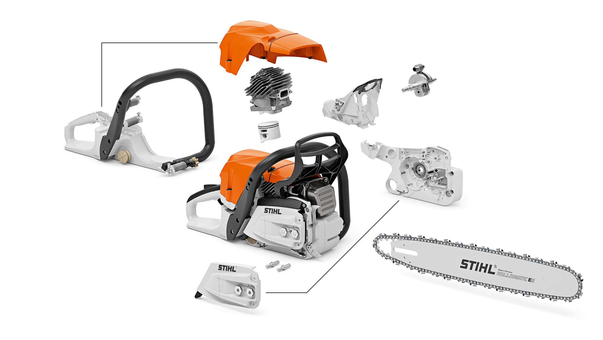 The components of the MS 400 C-M petrol-driven chainsaw which is manufactured in-house